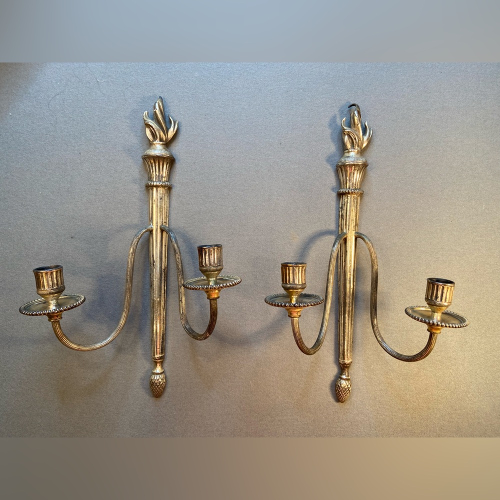 Pair Candle Wall Sconces,‎ 2 arms,Silver tone, flame on top, pine cone on bottom